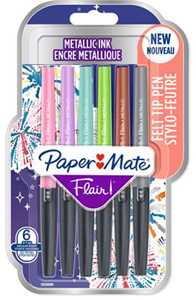 Cartoleria Paper Mate Flair, penne con punta in feltro, colori metallici, Colori assortiti, a punta media (0,7 mm) 6 pezzi Paper Mate