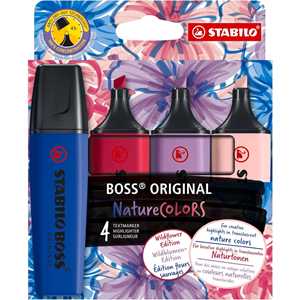 Cartoleria Evidenziatore - STABILO BOSS ORIGINAL NatureCOLORS Wildflower - Astuccio da 4 - Cipria/Blu elettrico/Giglio Viola/Borgogna Stabilo